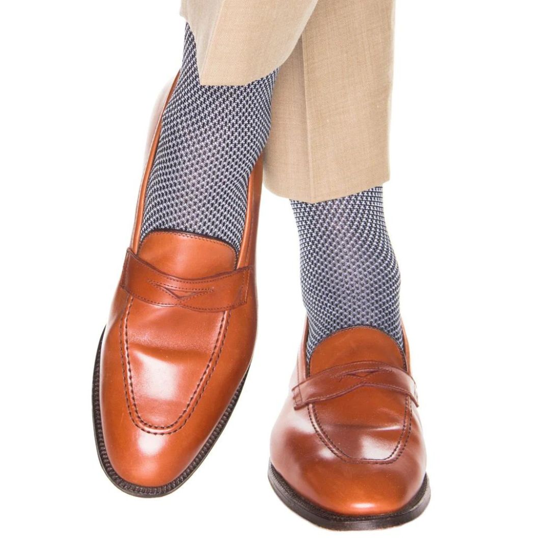 Birdseye pattern navy and sky blue coloured socks for men, merino wool luxury socks from Kings Dubai.