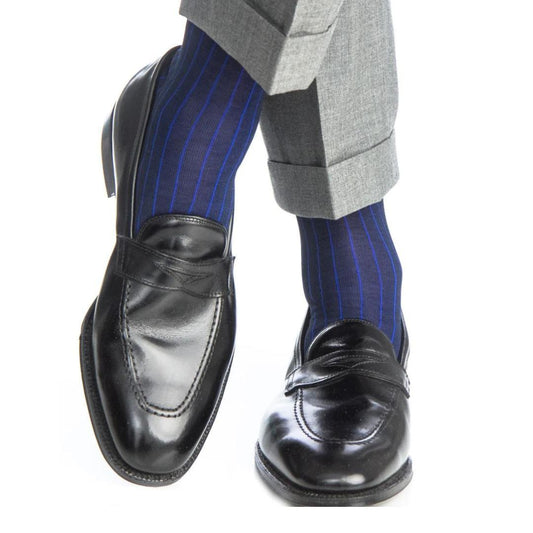 Vertical Stripe Navy with Clematis Blue Luxury Socks - KING'S