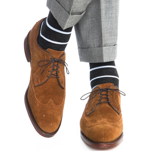  Charcoal with sky blue stripe luxury socks for men, merino wool  formal socks for men  from Kings Dubai.