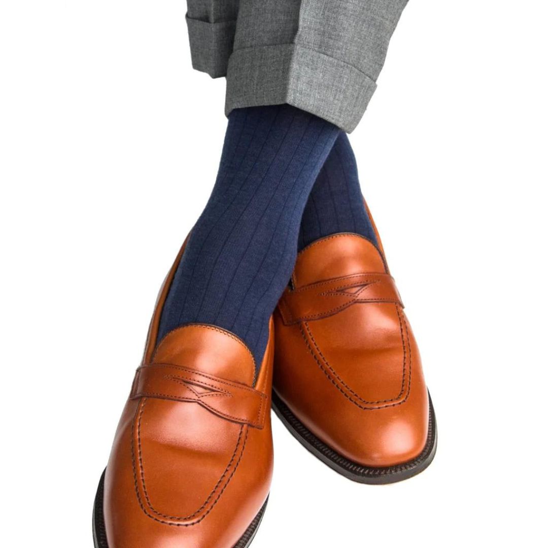 Solid Ribbed Navy Luxury Socks - KING'S