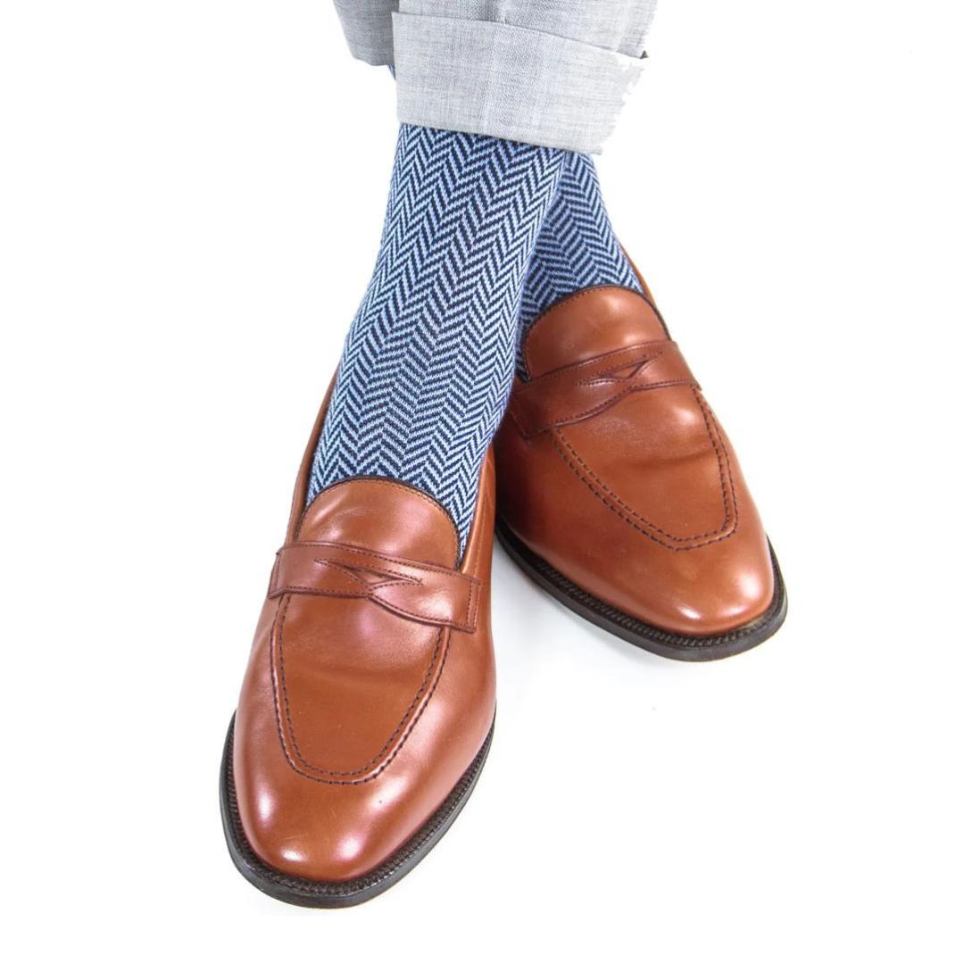 Herringbone Navy and Sky Blue Luxury Socks - KING'S