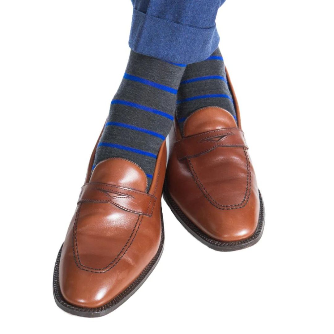 Charcoal with Cobalt Blue Stripe Luxury Socks - KING'S