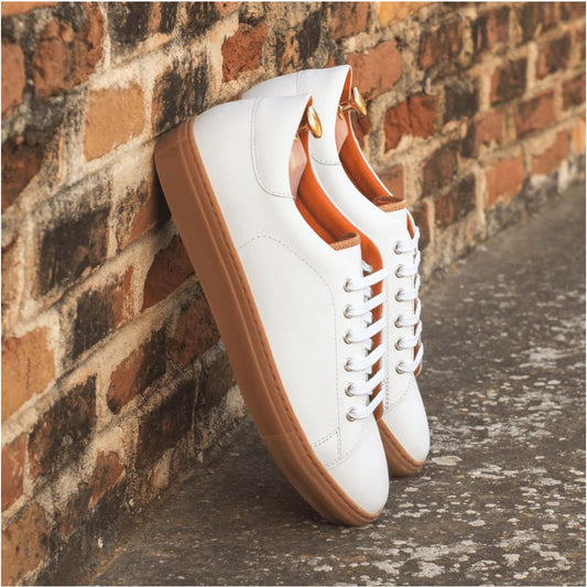 Tennis Style Sneakers - White Leather with Gum Sole - KING'S