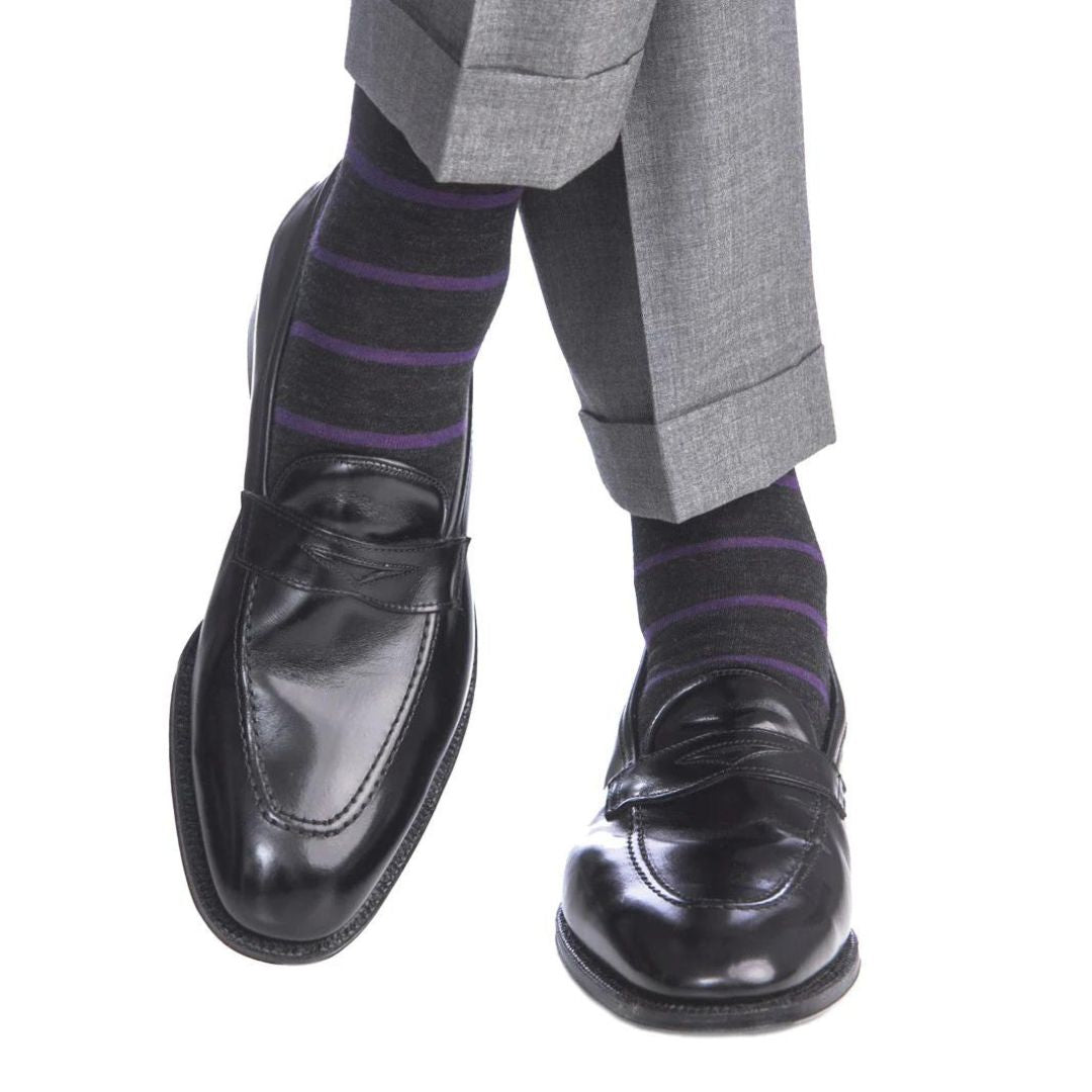   Luxury Charcoal coloured socks with purple stripes, mens formal socks  from Kings Dubai.
