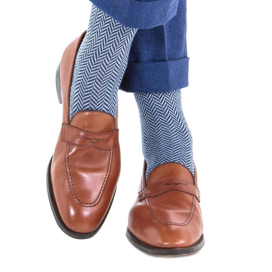Herringbone Navy and Sky Blue Luxury Socks - KING'S