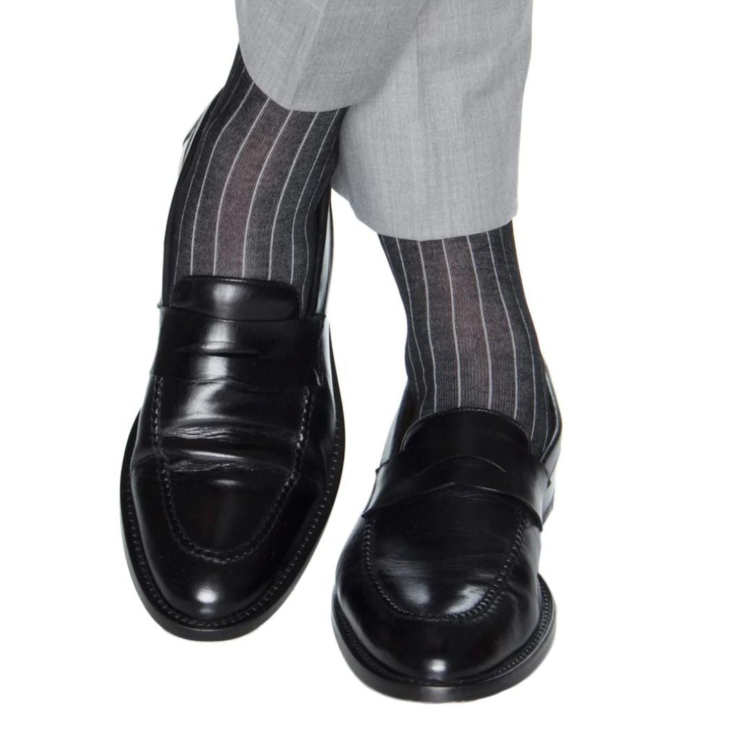   Black with ash vertical stripe luxury socks,  formal black socks for men from merino wool, Kings Dubai.