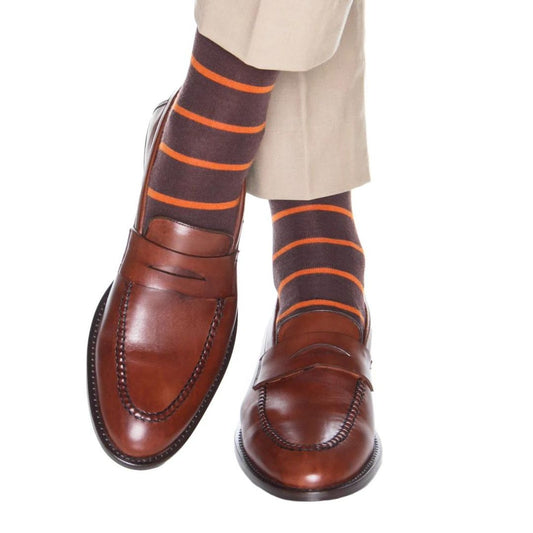  Luxury socks in coffee brown with orange stripes, formal socks for men, Kings Dubai.