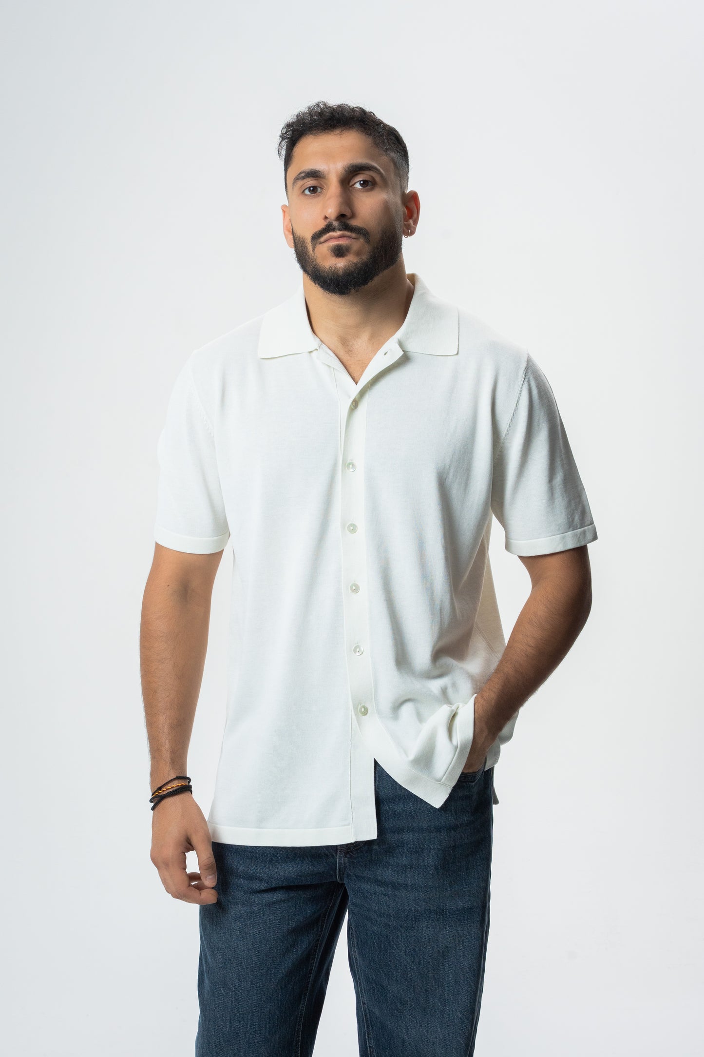 Silk & Cotton Polo Cardigan - White