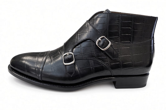Double Monk Boots - Croc Black - SIZE UK8.5