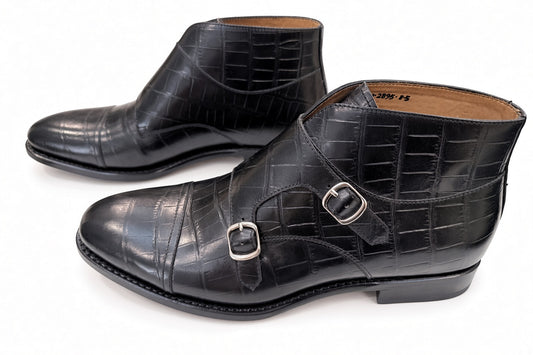 Double Monk Boots - Croc Black - SIZE UK8.5