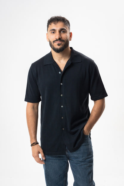 Silk & Cotton Polo Cardigan - Black