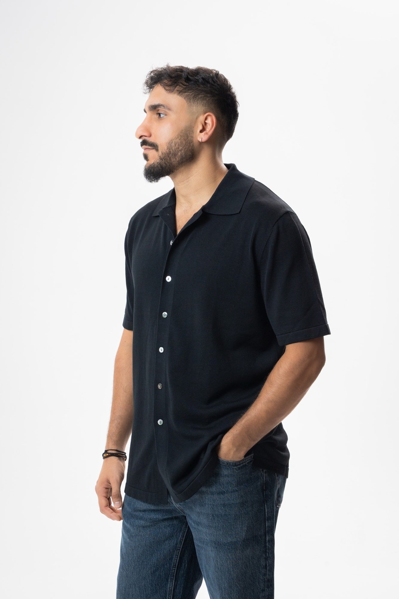 Silk & Cotton Polo Cardigan - Black