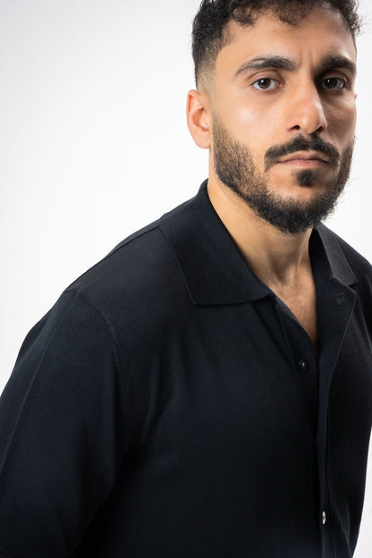 Silk & Cotton Polo Cardigan - Black