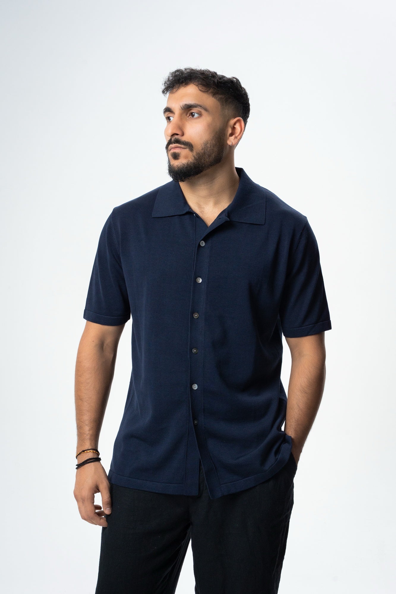 Silk & Cotton Polo Cardigan - Navy