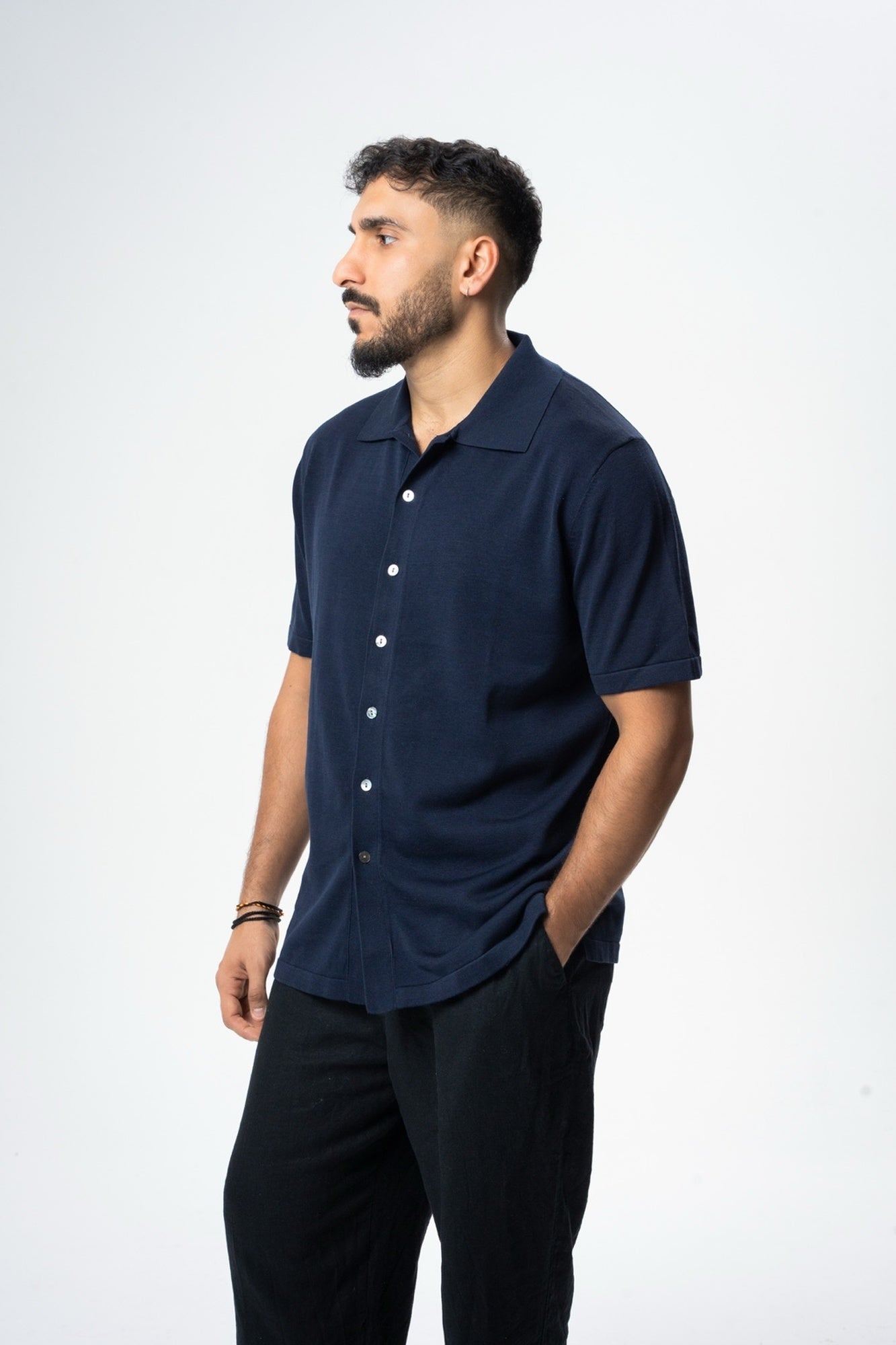 Silk & Cotton Polo Cardigan - Navy