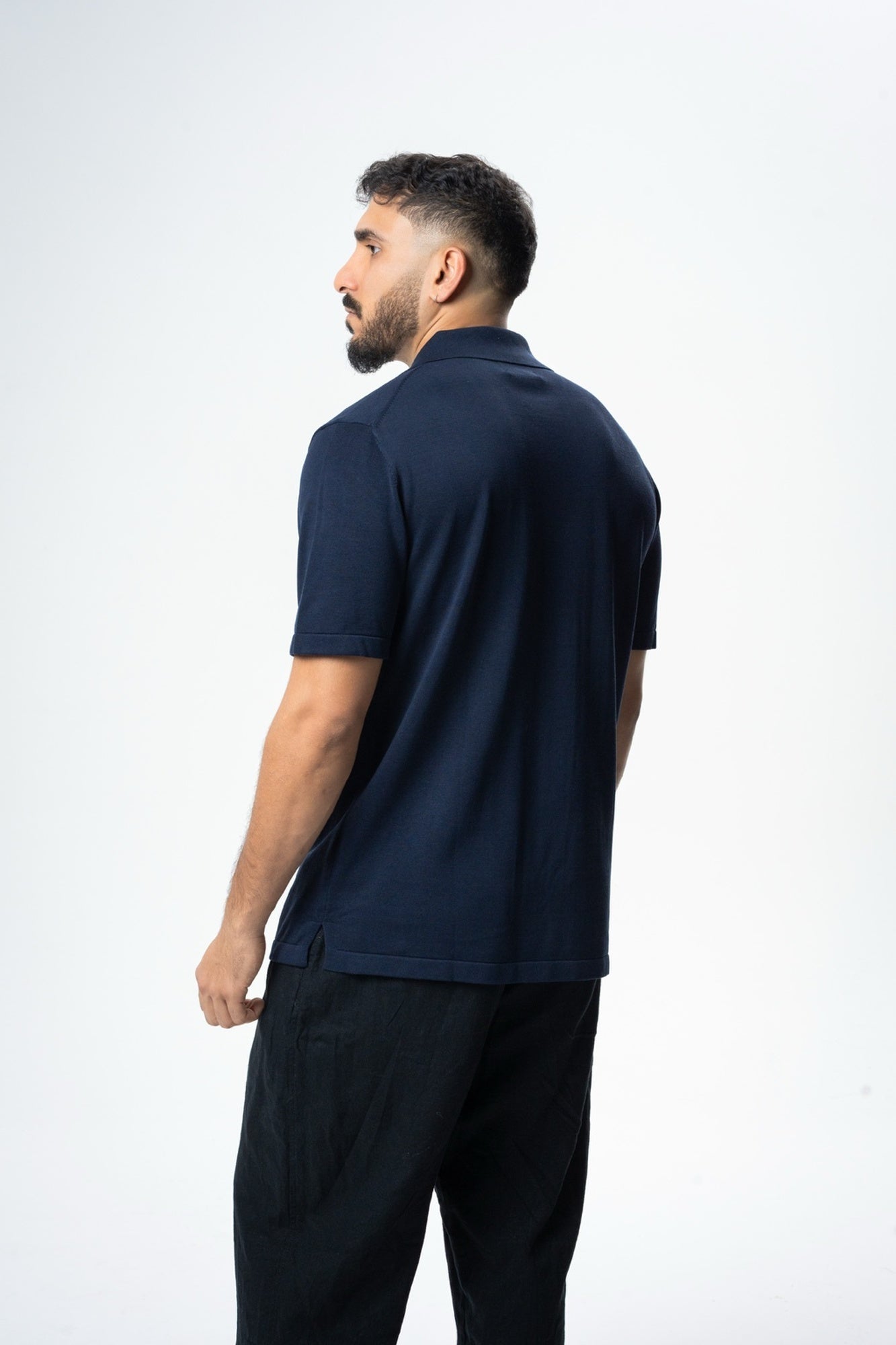 Silk & Cotton Polo Cardigan - Navy