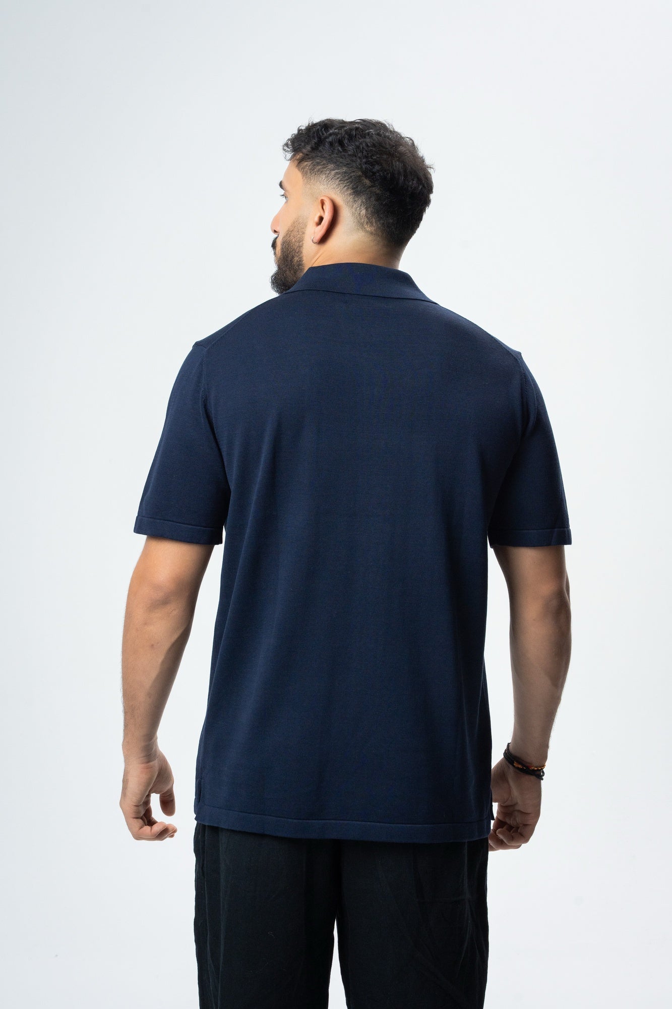 Silk & Cotton Polo Cardigan - Navy