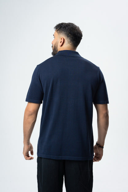 Silk & Cotton Polo Cardigan - Navy