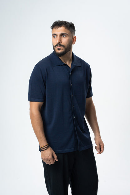 Silk & Cotton Polo Cardigan - Navy