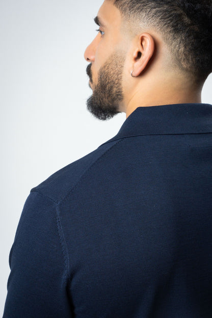 Silk & Cotton Polo Cardigan - Navy