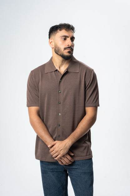 Silk & Cotton Polo Cardigan - Brown