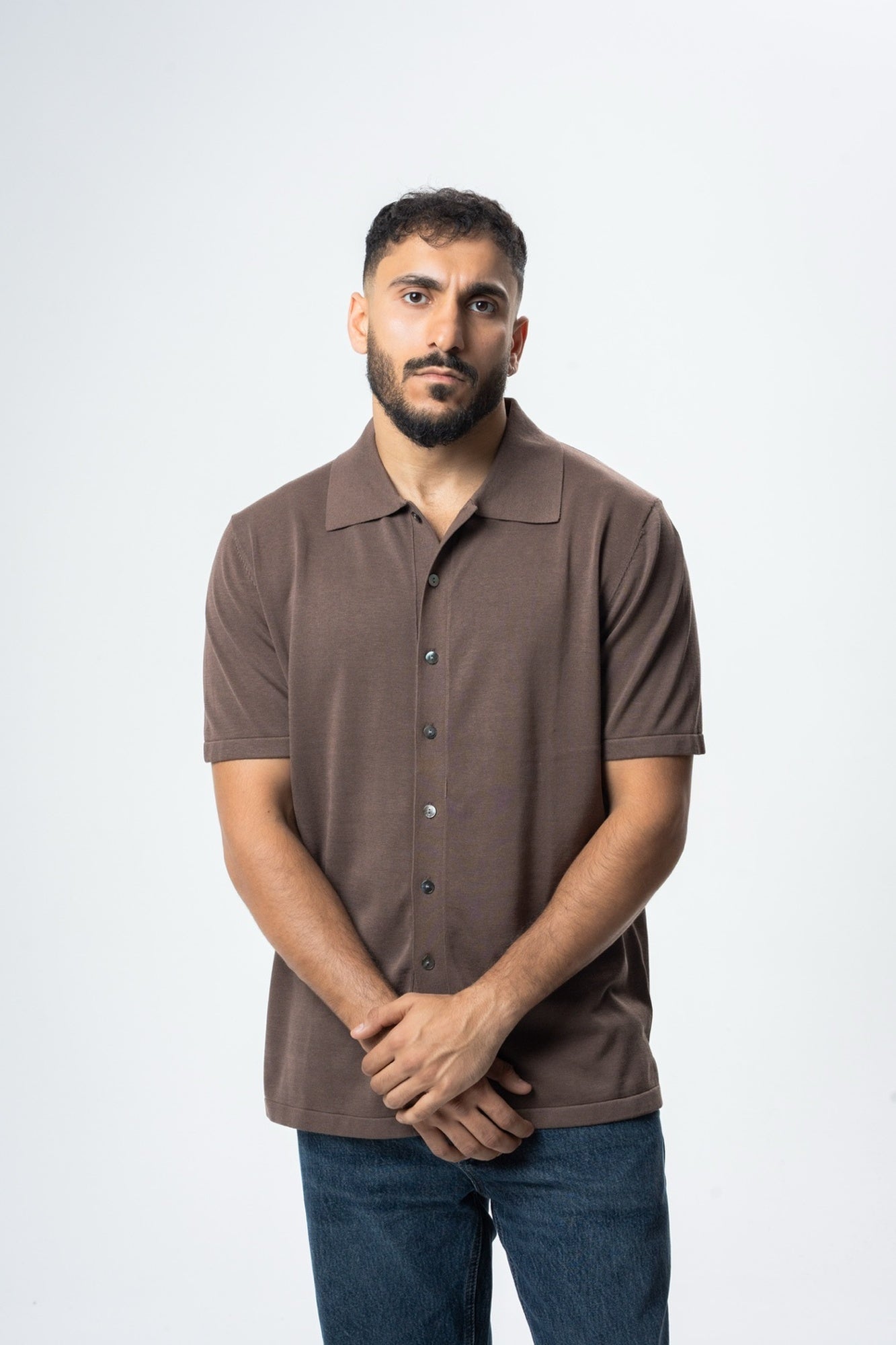 Silk & Cotton Polo Cardigan - Brown