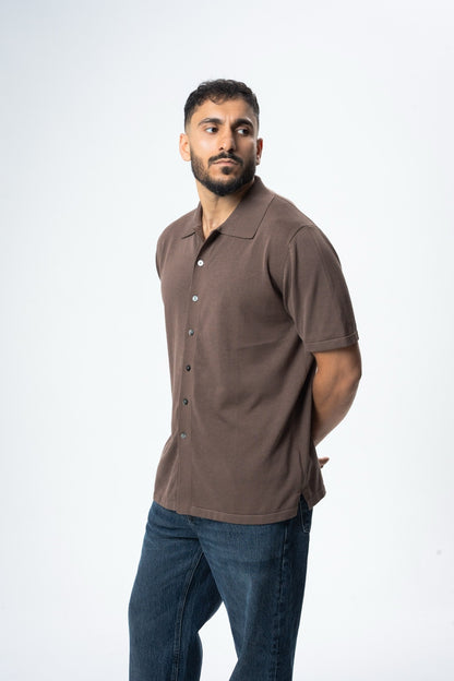 Silk & Cotton Polo Cardigan - Brown