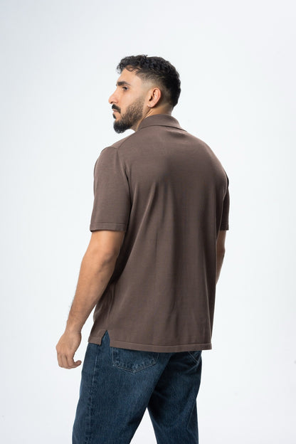 Silk & Cotton Polo Cardigan - Brown