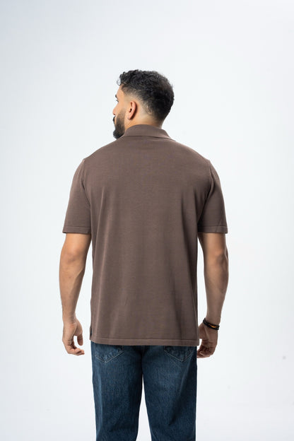 Silk & Cotton Polo Cardigan - Brown