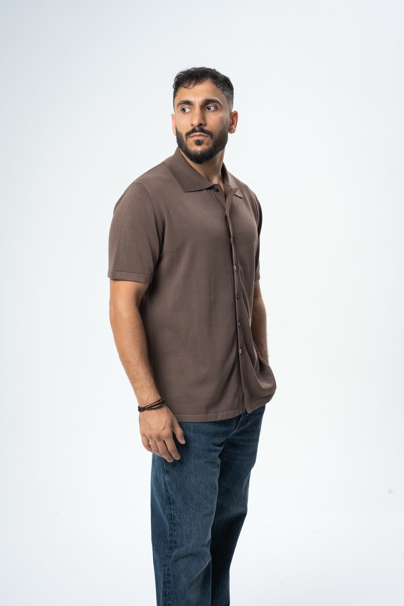 Silk & Cotton Polo Cardigan - Brown