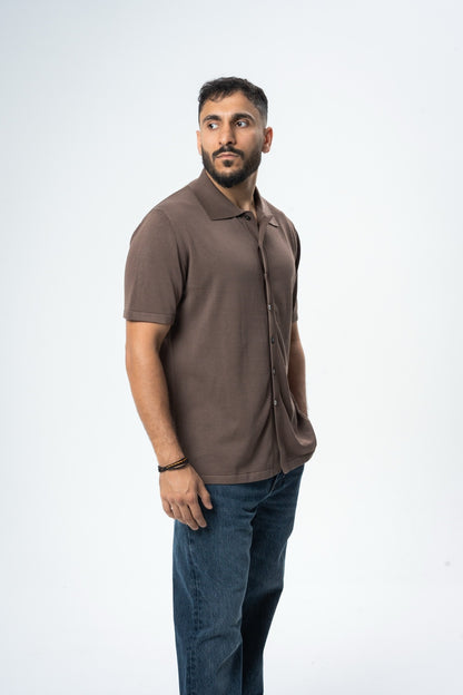 Silk & Cotton Polo Cardigan - Brown