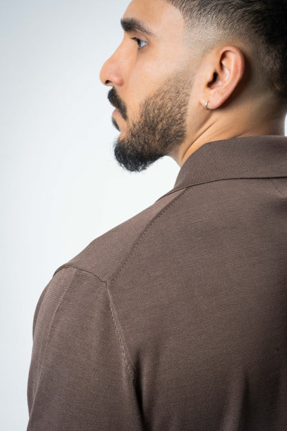 Silk & Cotton Polo Cardigan - Brown