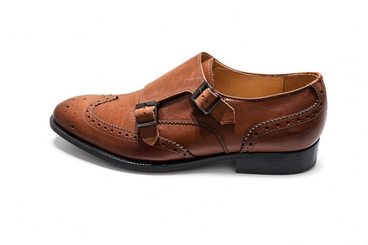 Double Monk - Tan Brown Wingtip Style - SIZE UK7