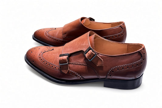Double Monk - Tan Brown Wingtip Style - SIZE UK7