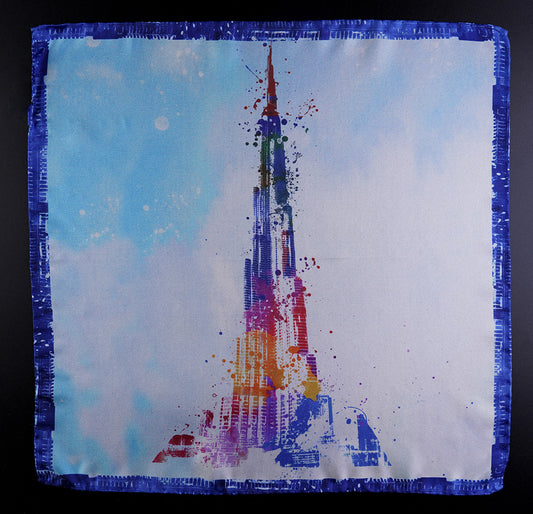 Sophisticated men's silk pocket square with Burj Khalifa print. 