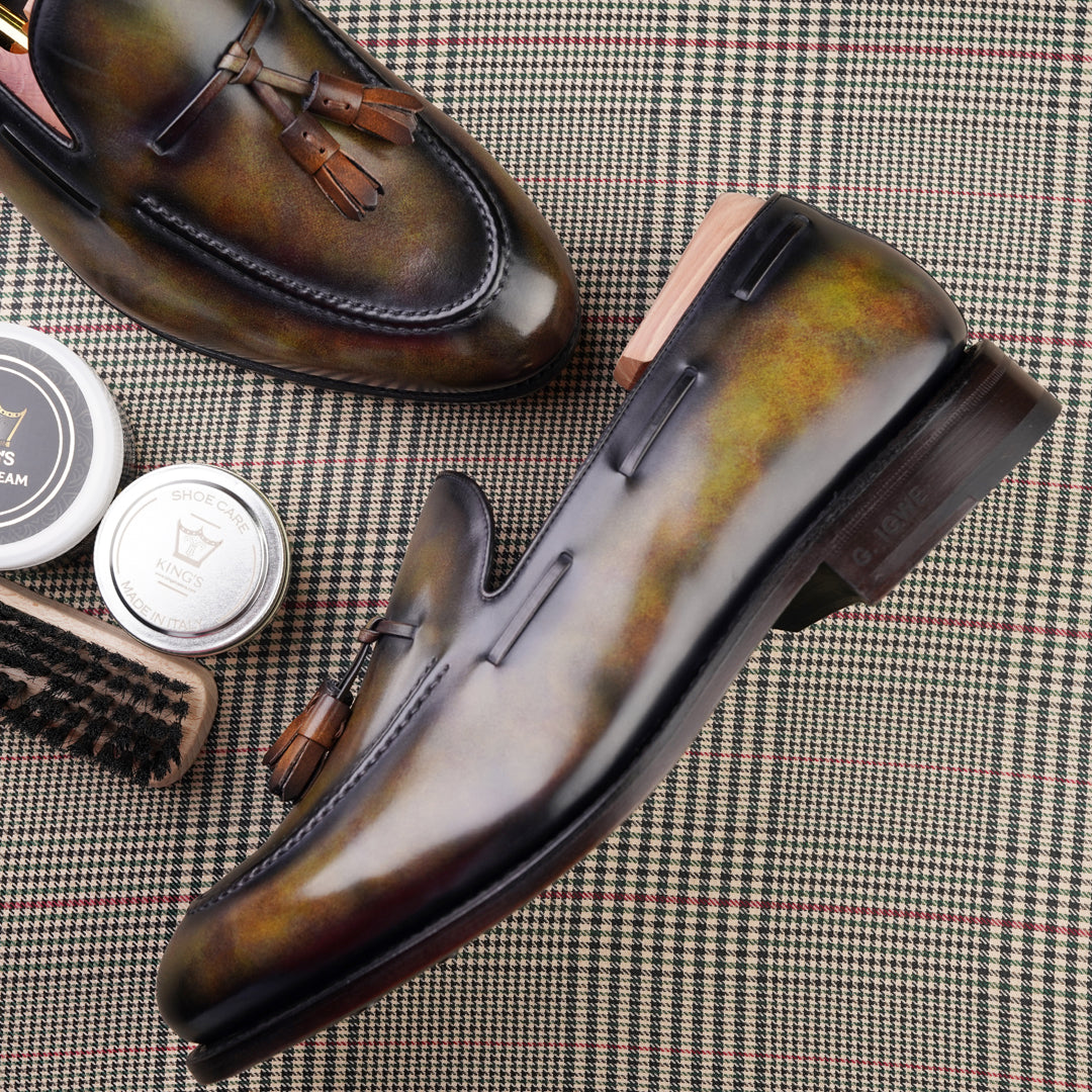 Tassel loafer khaki patina, formal shoes for men in Dubai.