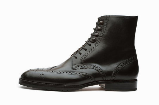 Leather Wingtip Brogue Boot - Black - KING'S